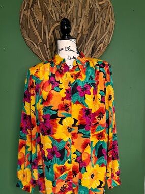 Vintage Teddi Floral Button-Down Shirt - Yellow, Pink, Green